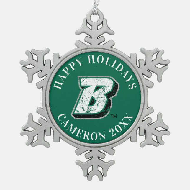 Binghamton B Distressed Snowflake Pewter Christmas Ornament (Front)