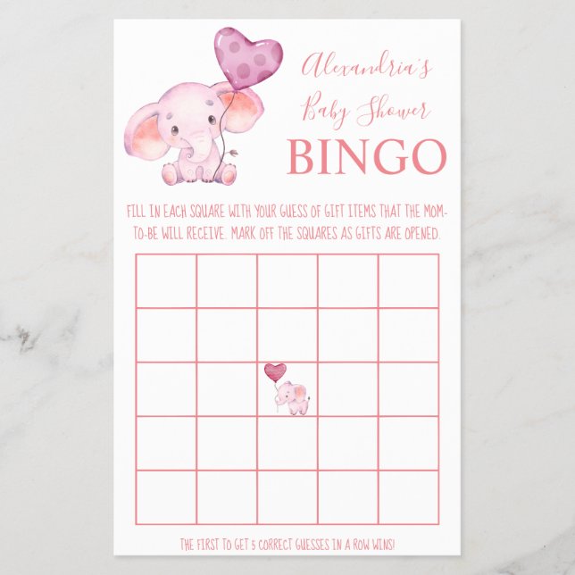 Bingo Baby Elephant Baby Shower Game Card Flyer (Front)