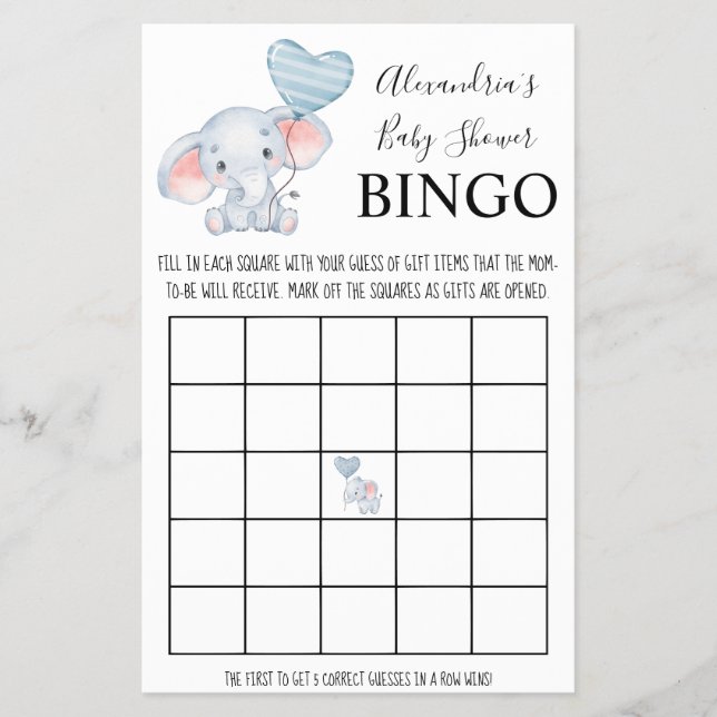 Bingo Baby Elephant Baby Shower Game Card Flyer (Front)