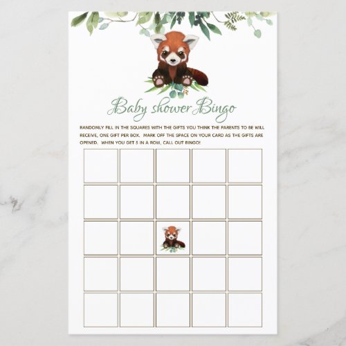 Bingo Baby Shower Game Gender Neutral Red Panda 