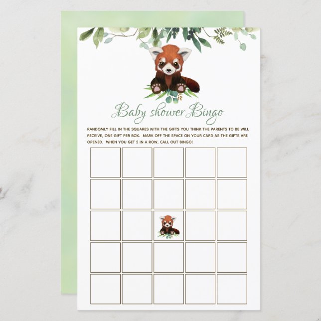 Bingo Baby Shower Game Red Panda Bear Budget (Front/Back)