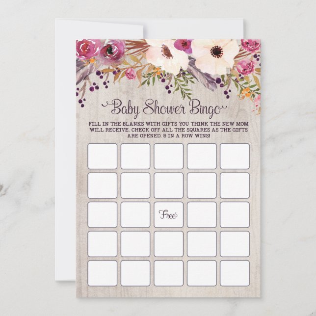 Bingo Baby Shower Game Rustic Boho Flowers Floral Invitation (Front)