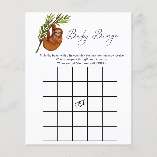 Bingo babyshower game Sloth theme (Front)