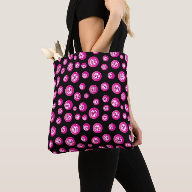 Bingo Balls Fun Pink and Black Tote Bag (Close Up)