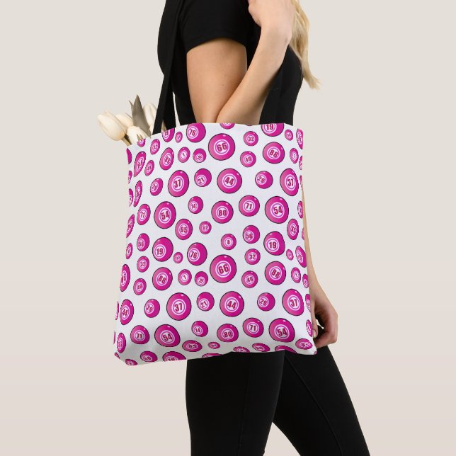 Bingo Balls Fun Pink and White Tote Bag (Close Up)