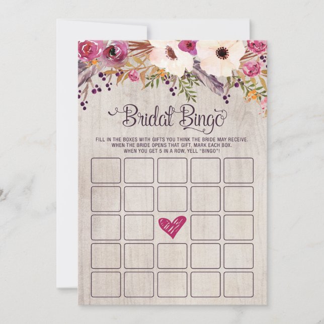 Bingo Bridal Shower Game Rustic Boho Flower Floral Invitation (Front)