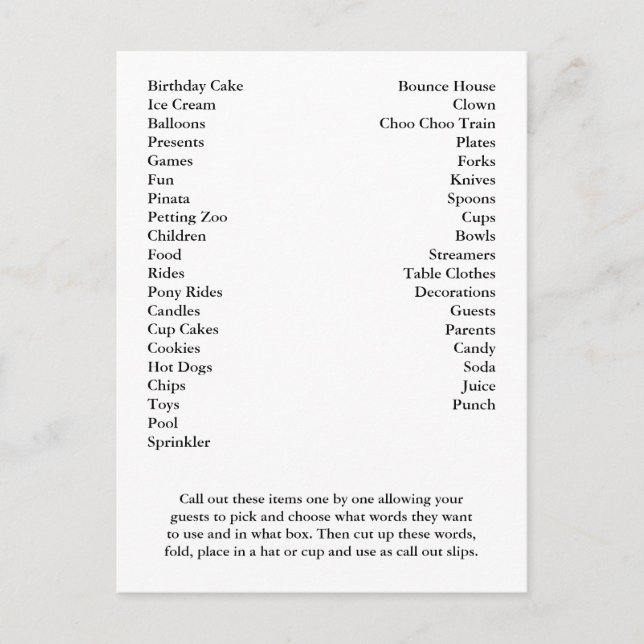 Bingo Card Birthday Party Call Out Words (Front)