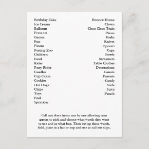 Bingo Card Birthday Party Call Out Words