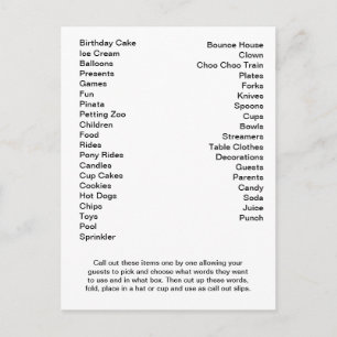 Bingo Card Birthday Party Call Out Words