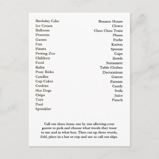 Bingo Card Birthday Party Call Out Words