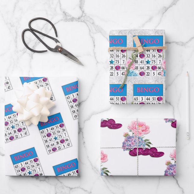 Bingo Cards with pink and blue flowers and chips Wrapping Paper Sheets (Front)