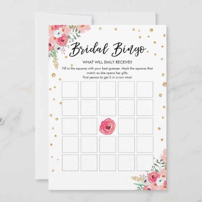 Bingo Game Bridal Shower Pink Floral Gold Card (Front)