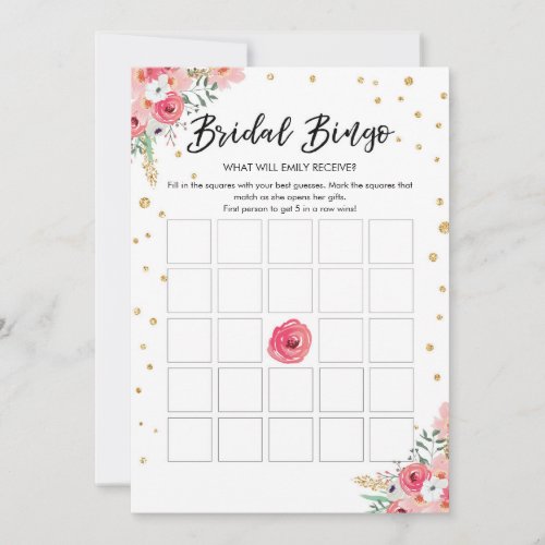 Bingo Game Bridal Shower Pink Floral Gold Card