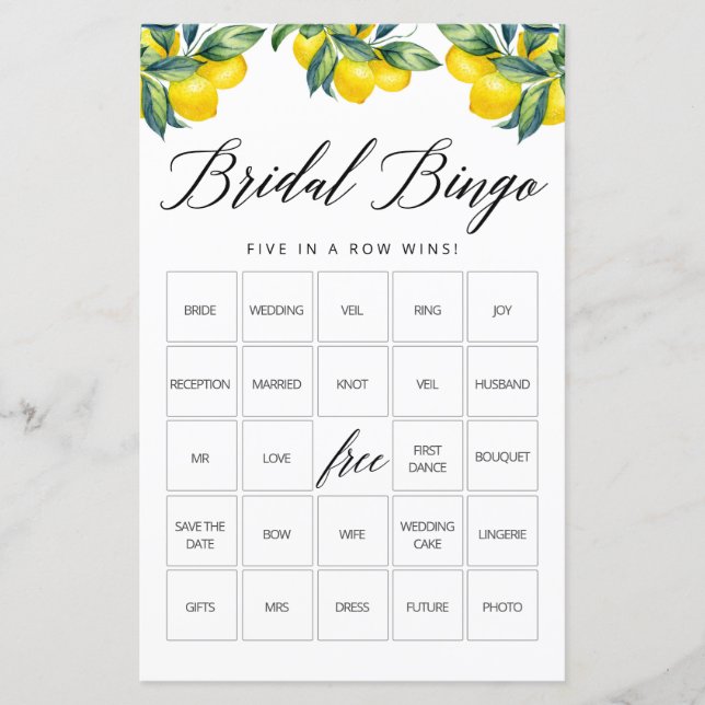 Bingo Game Card Lemon Bridal Shower Theme (Front)