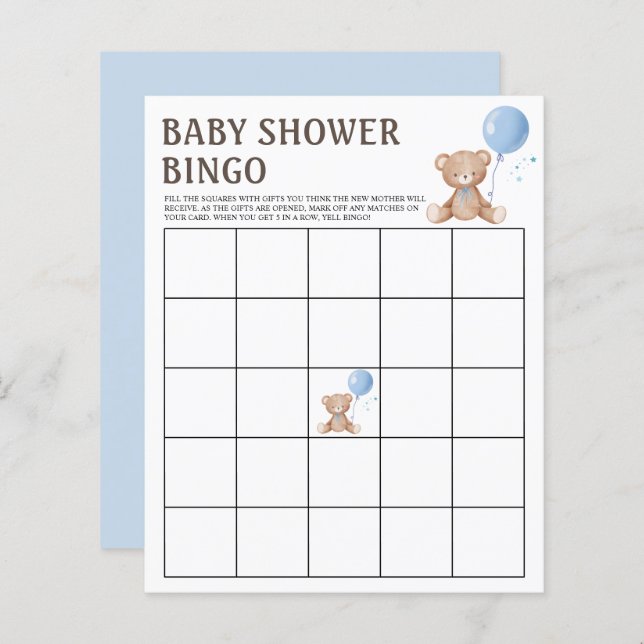 Bingo Game | Teddy Bear Boy Baby Shower Games (Front/Back)