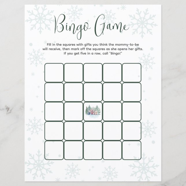 Bingo Game Winter Snow Forest Animal Baby Shower  (Front)