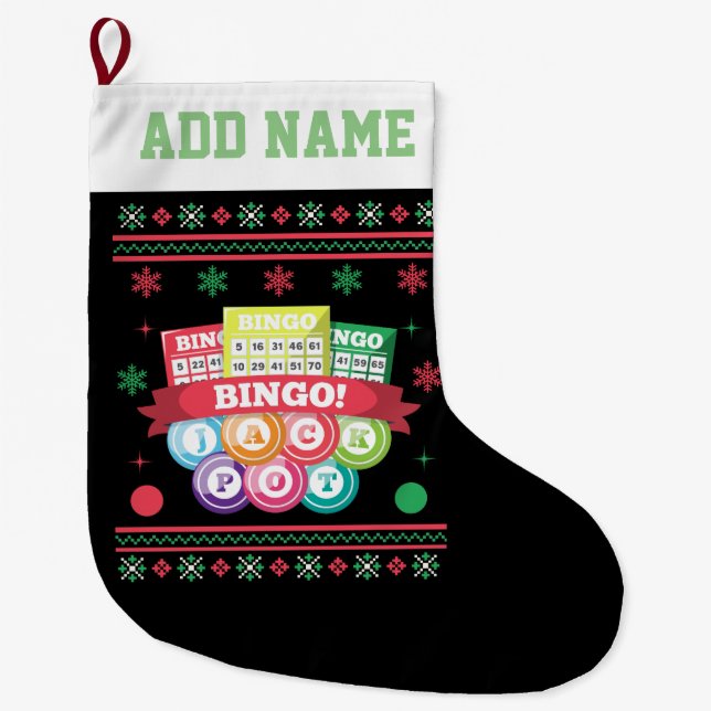 Bingo Jackpot Ugly Christmas Sweater Large Christmas Stocking (Front)