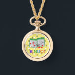 Bingo! Let's play Bingo. Watch<br><div class="desc">Bingo! Green and White Bingo Cards on Yellow and White Polka Dots, necklace watch.</div>