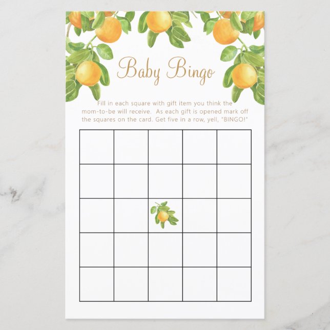 Bingo Little Cutie Citrus Baby Shower Game (Front)