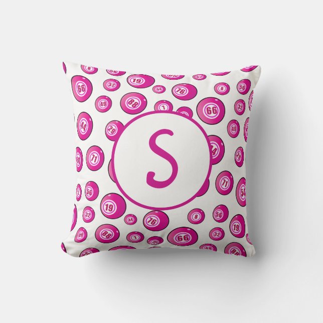 Bingo Lover Monogram Bingo Balls Pink White Throw Pillow (Front)