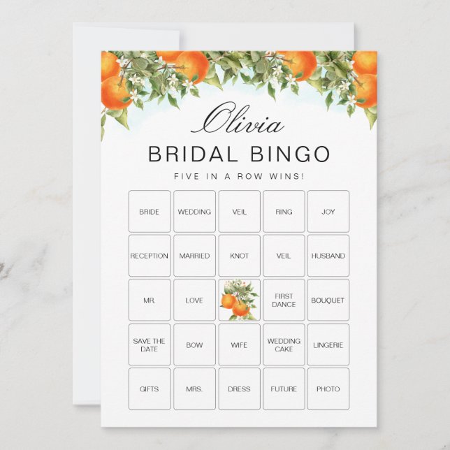 Bingo Orange Citrus Bridal Shower Game Card (Front)