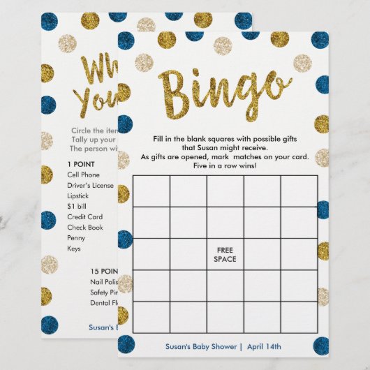 Bingo-Purse Game, 2-Sided Gold & Blue Card (Front/Back)