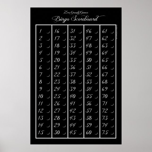 Bingo Scoreboard 75 - Zero Gravity Games (3") Poster (Front)