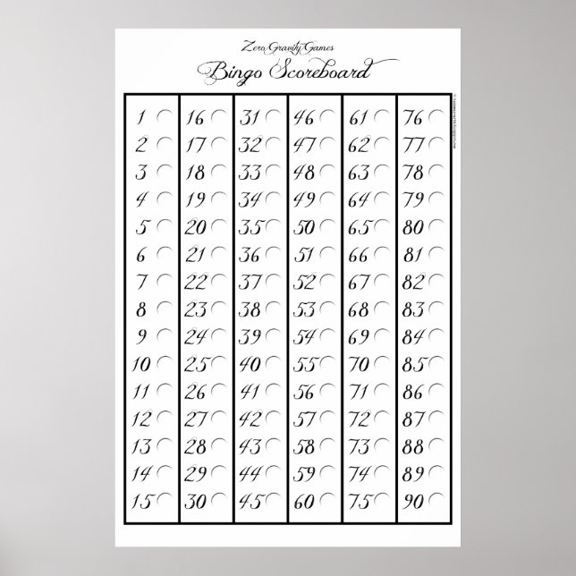 Bingo Scoreboard 90 - Zero Gravity Games (2.5") Poster (Front)