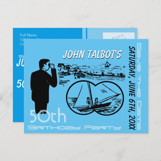 Binoculars Sailboat 50th Birthday Save The Date Announcement Postcard (Front/Back)