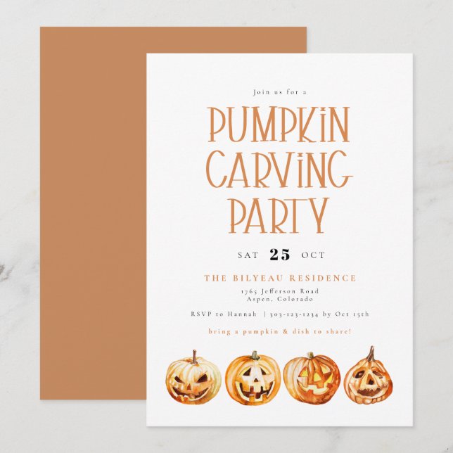 BINX Fall Halloween Watercolor Pumpkin Carving Invitation (Front/Back)