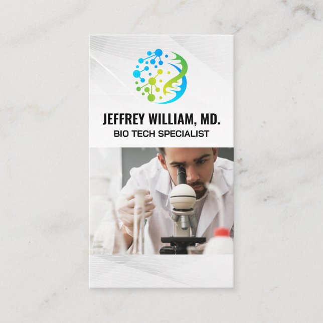 Bio Tech Logo | Scientist Researching in Lab Business Card (Front)