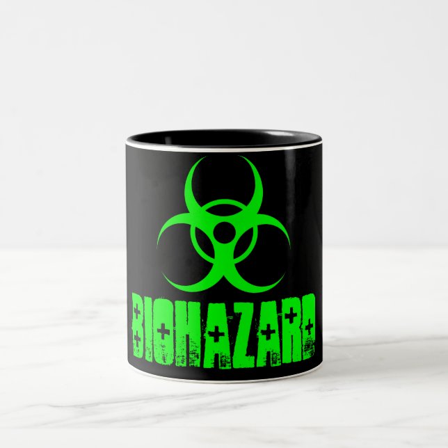 Biohazard symbol on green coffee mug (Center)
