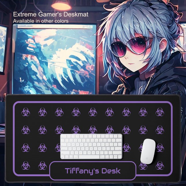 Biohazard Symbols - Purple on a Black Background Desk Mat (Biohazard Symbol-Purple on Black - By Office Accessories Shop)