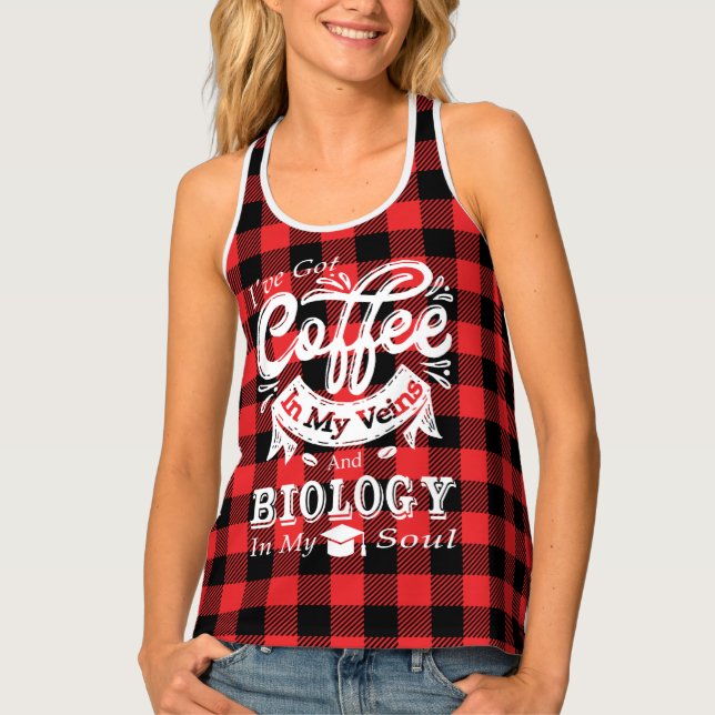 Biology Student Coffee In My Veins Red Plaid Tank Top (Front)