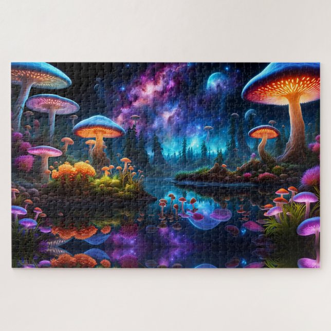 Bioluminescent Alien Mushrooms on A Distant Planet Jigsaw Puzzle (Horizontal)
