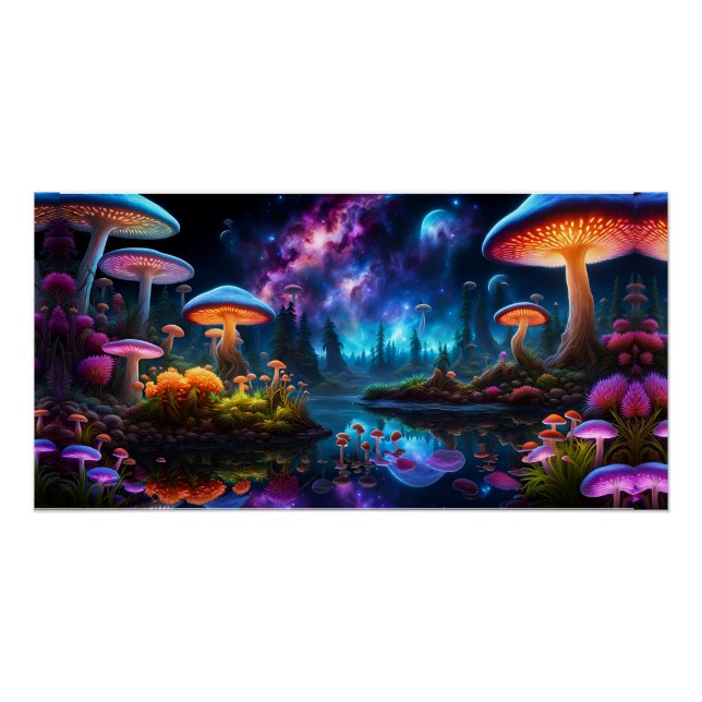 Bioluminescent Alien Mushrooms on A Distant Planet Poster (Front)