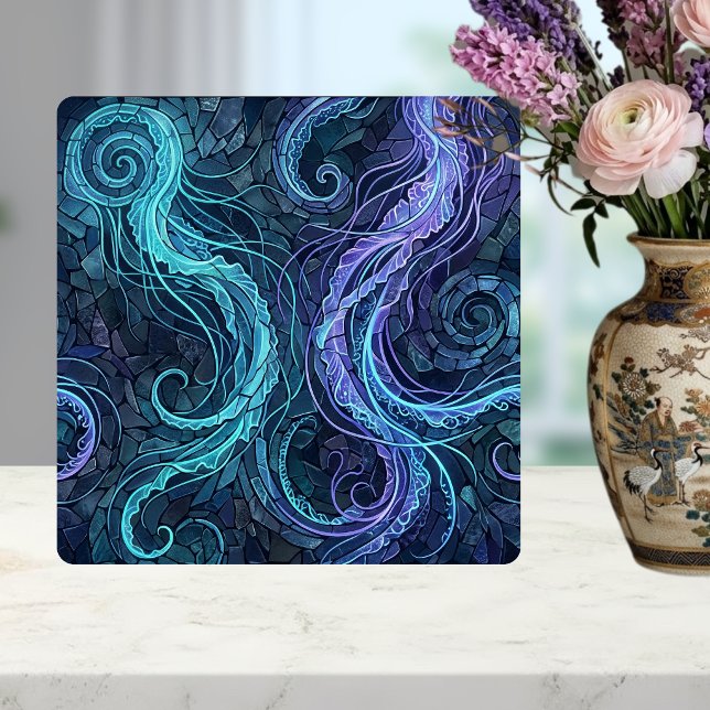Bioluminescent Jellyfish Teal Purple Swirls Mosaic Ceramic Tile (Creator Uploaded)