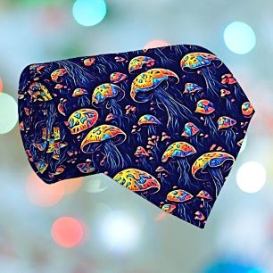 Bioluminescent Magic Neon-Hued Mushroom Pattern Neck Tie