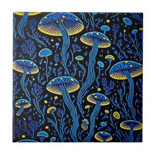 Bioluminescent Magic: Neon Mushroom Ceramic Tile