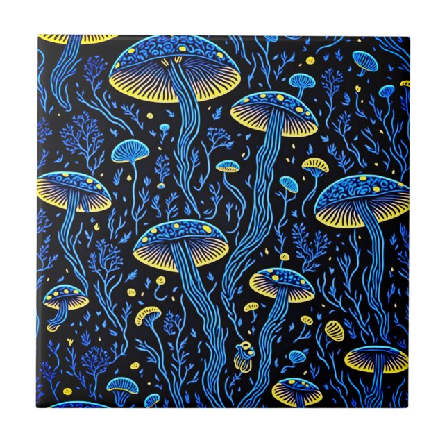 Bioluminescent Magic: Neon Mushroom Ceramic Tile (Front)