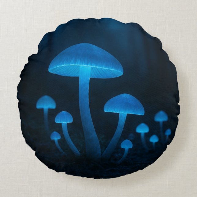 Bioluminescent Mushroom Forest Round Pillow (Front)