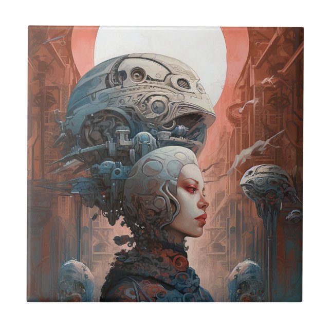 Biomechanical Head Surreal Sci-Fi Art Ceramic Tile (Front)