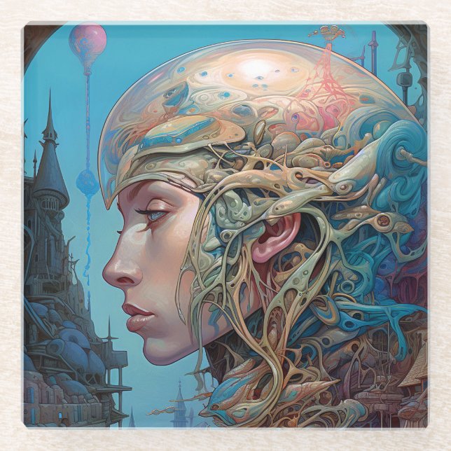 Biomechanical Head Surreal Sci-Fi Art Glass Coaster (Front)