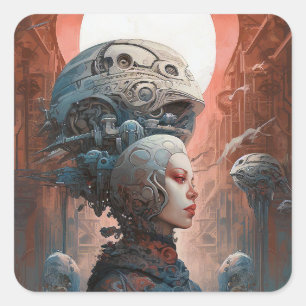Biomechanical Head Surreal Sci-Fi Art Square Sticker