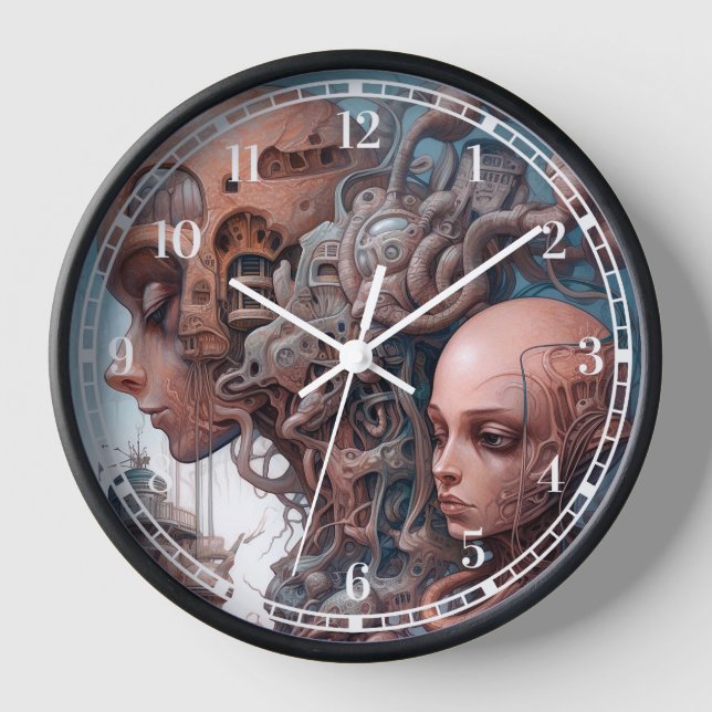 Biomechanical Heads Surreal Sci-Fi Art Clock (Front)