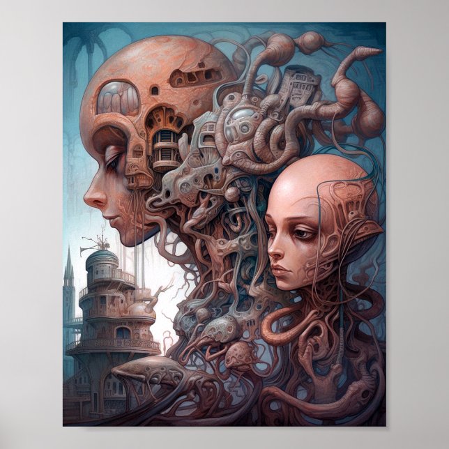 Biomechanical Heads Surreal Sci-Fi Art Poster (Front)