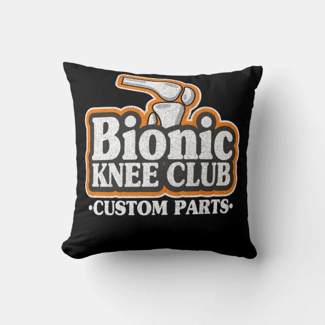 Bionic Knee Club Knee Replacement Surgery 70s Logo Throw Pillow (Front)