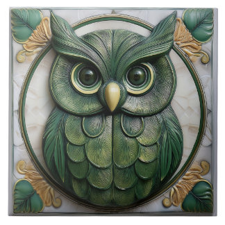 Biophilic green faux relief Art Nouveau Owl Ceramic Tile