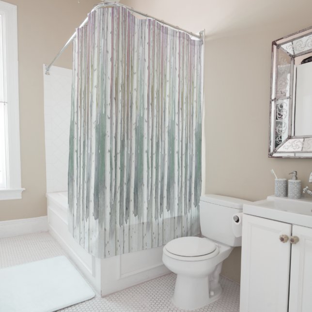 Biophilic handpainted muted birch watercolor wood shower curtain (In Situ)