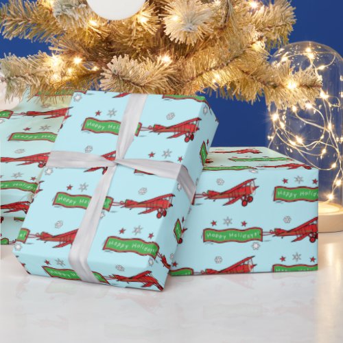 Biplane Flying at Christmas Wrapping Paper